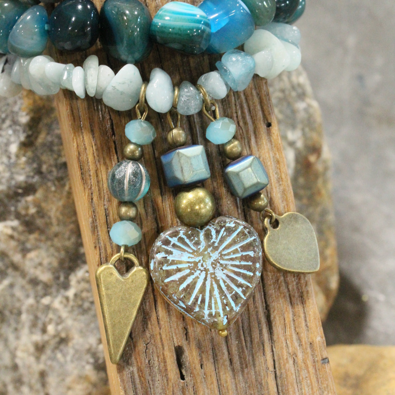 Shades Of Blue Heart Czech Charm'd Bracelet Set