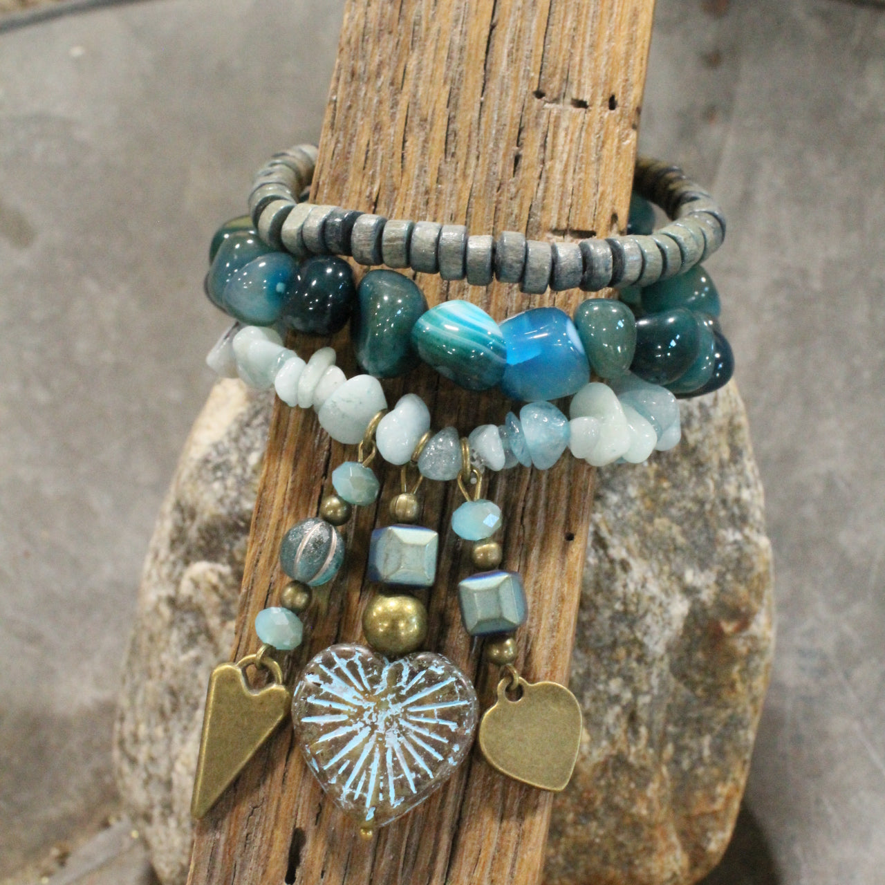 Shades Of Blue Heart Czech Charm'd Bracelet Set