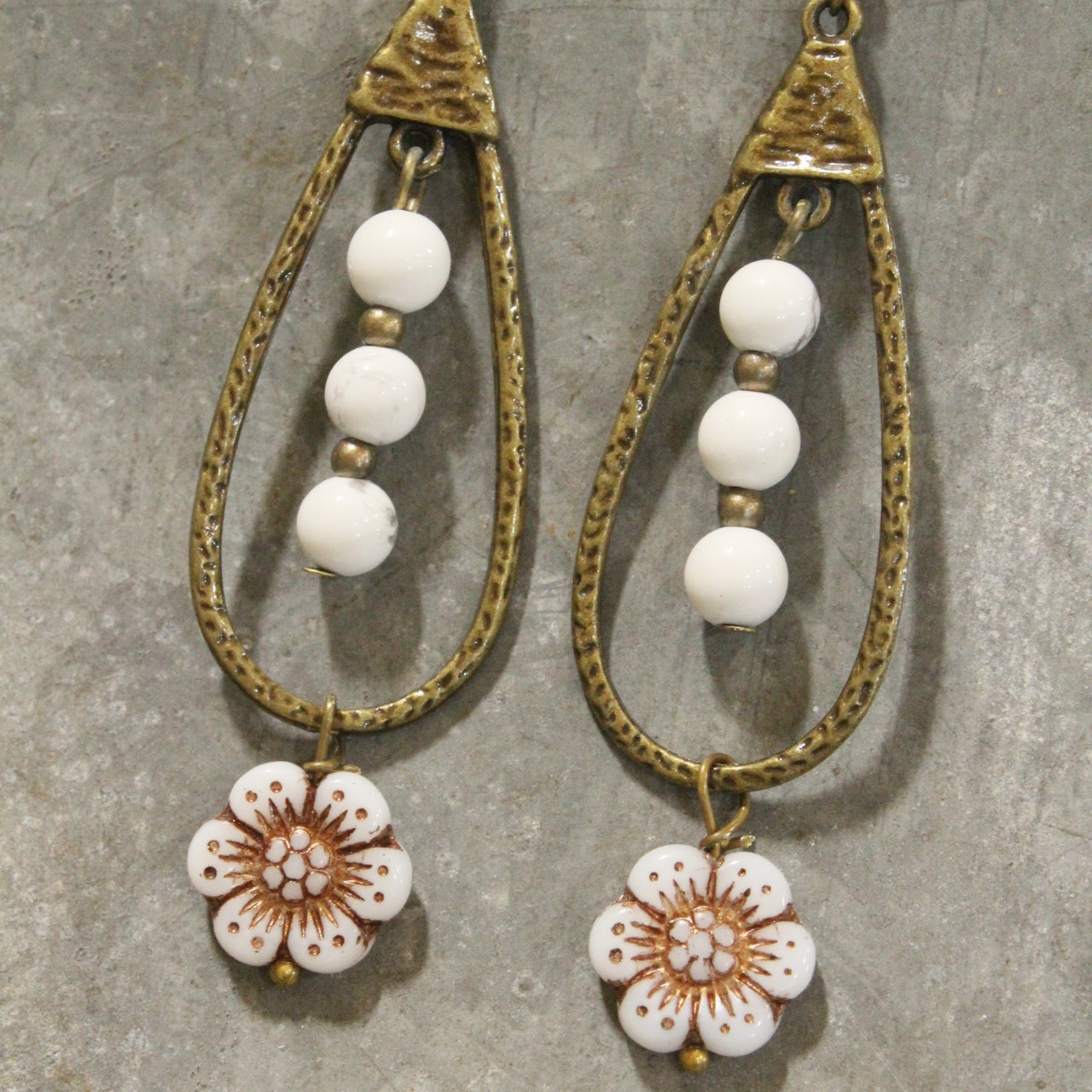 Teardrop Czech Flower & White Bead Dangle Earrings