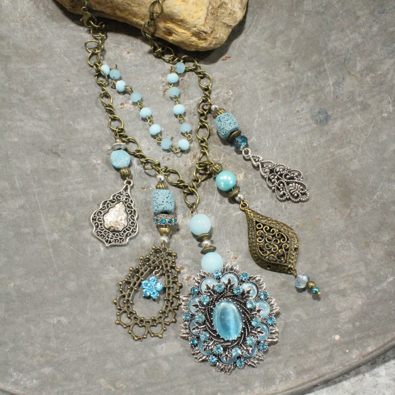 Embellishments Of Bronze & Silver Charming Blue Pendant Layered Necklace