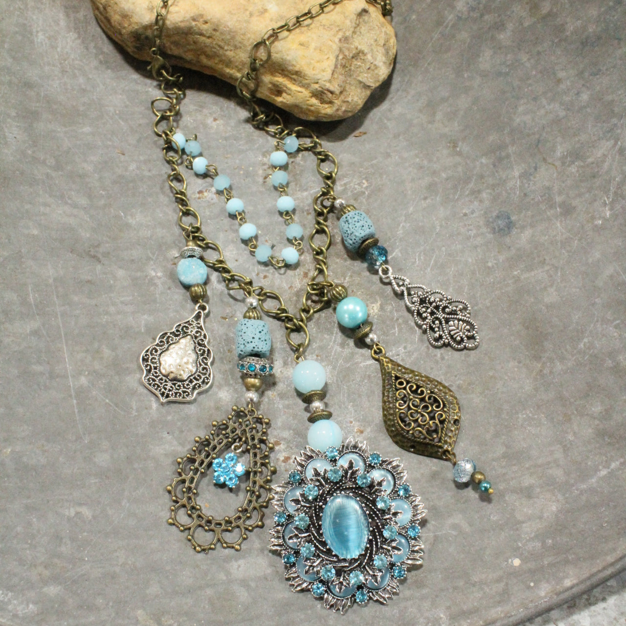 Embellishments Of Bronze & Silver Charming Blue Pendant Layered Necklace