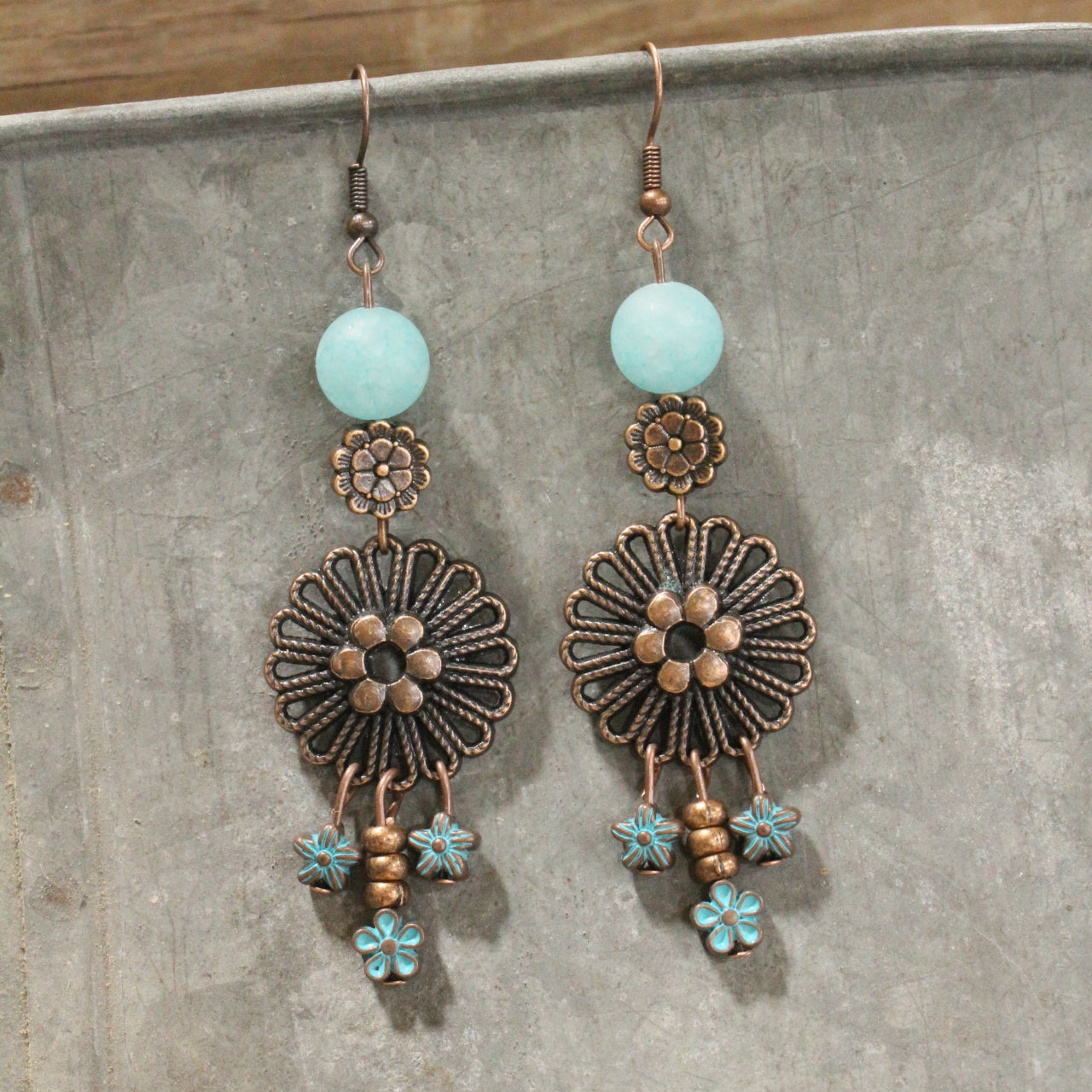 Copper & Shades Of Blue Floral Earrings