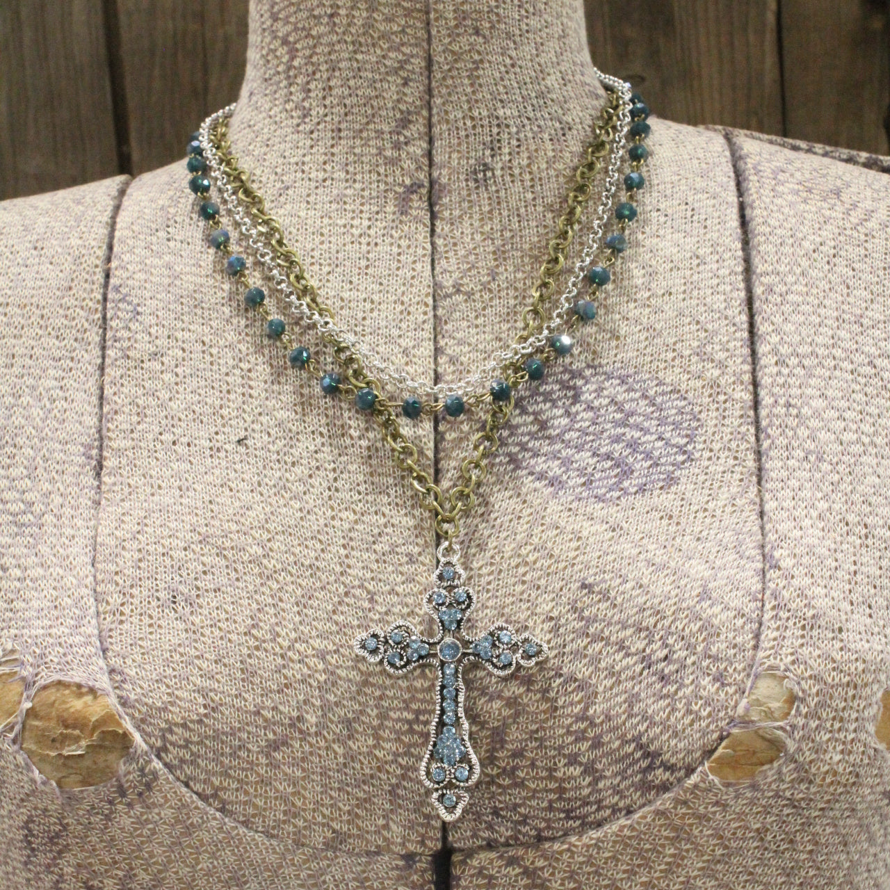 Ocean Blue Cross Triple Layered Necklace