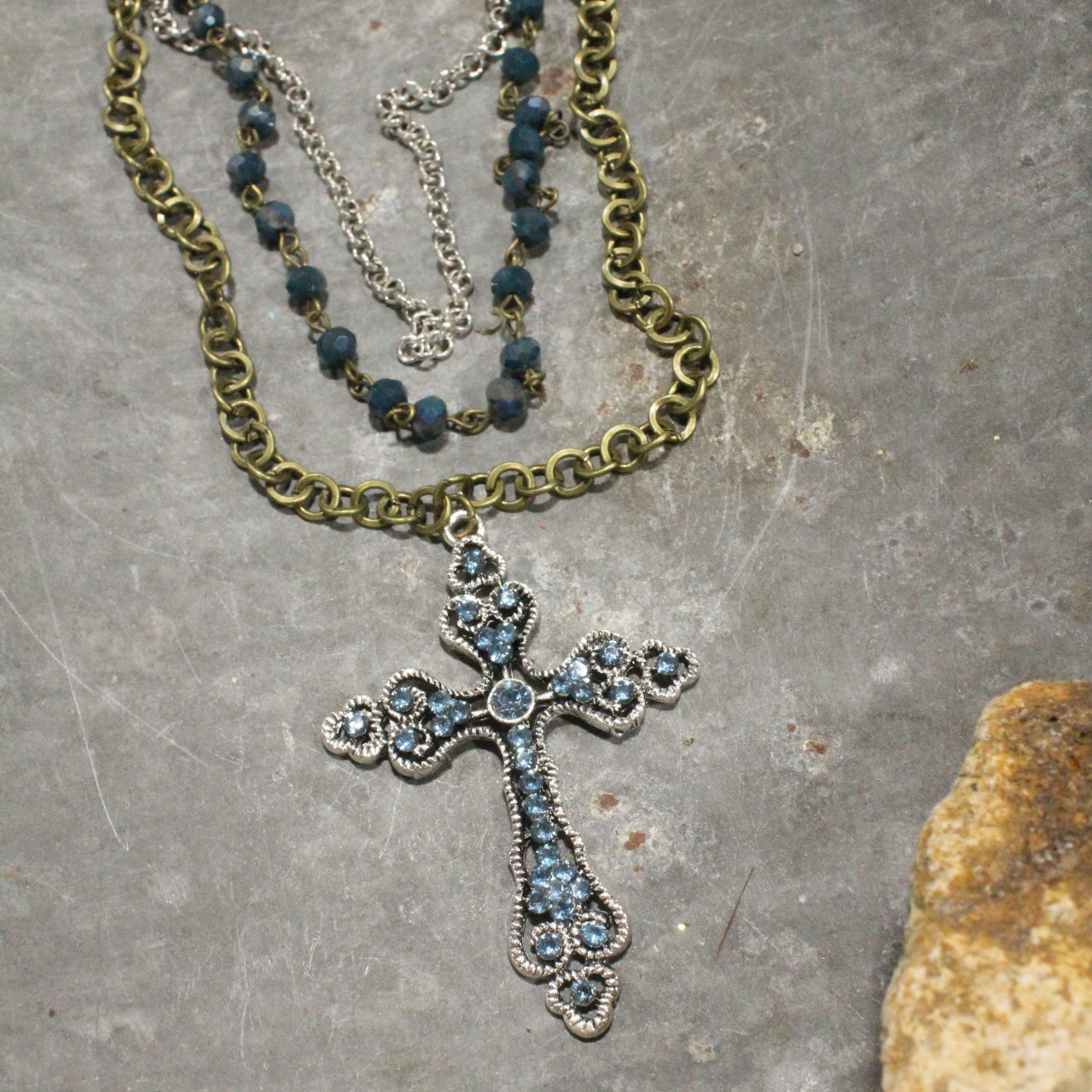Ocean Blue Cross Triple Layered Necklace