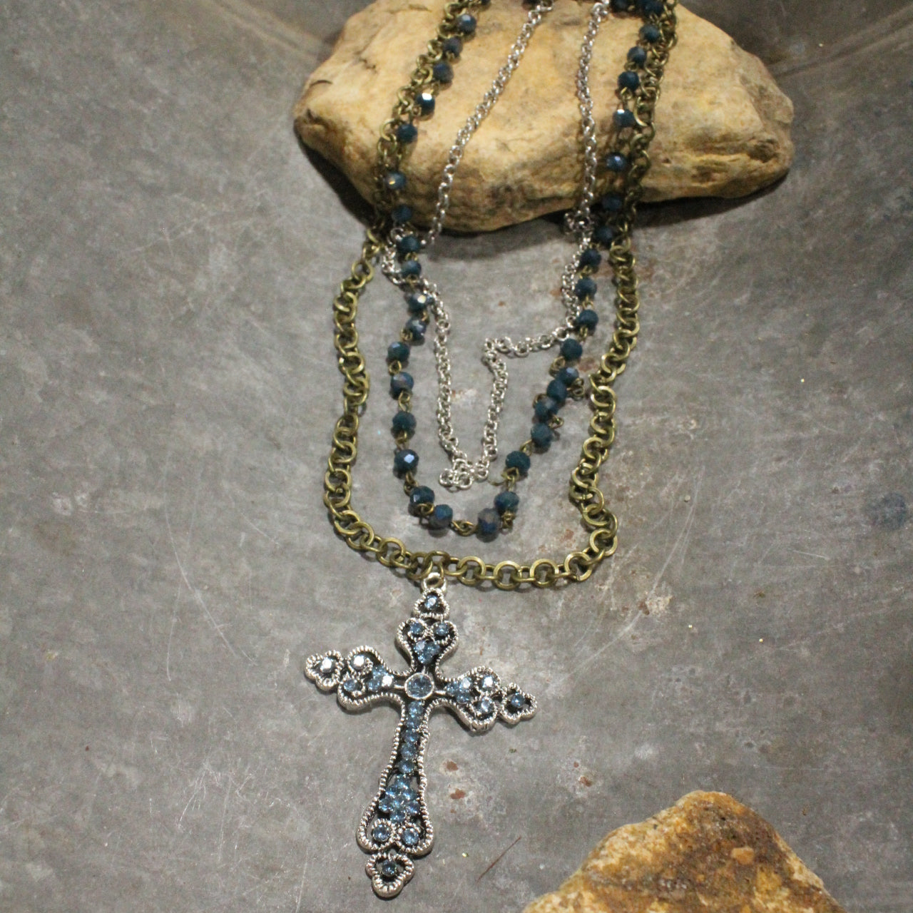 Ocean Blue Cross Triple Layered Necklace