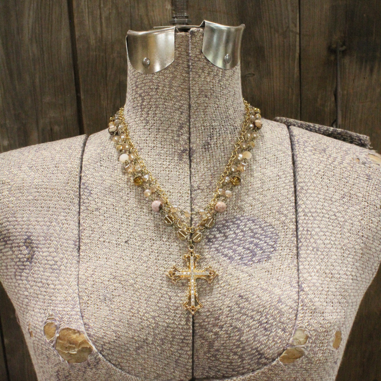 Golden Bling Cross Triple Layered Necklace