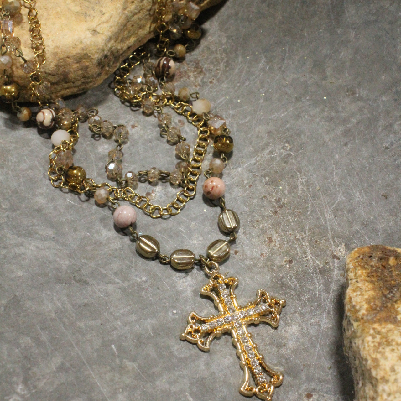Golden Bling Cross Triple Layered Necklace