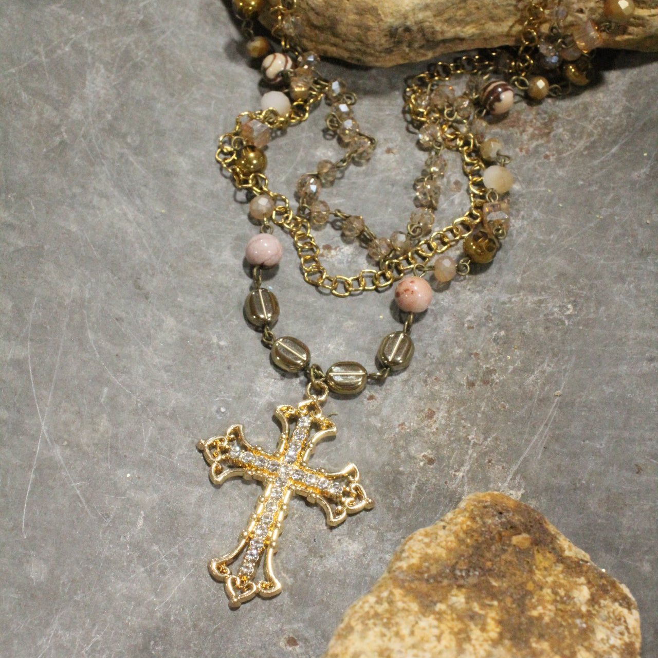 Golden Bling Cross Triple Layered Necklace