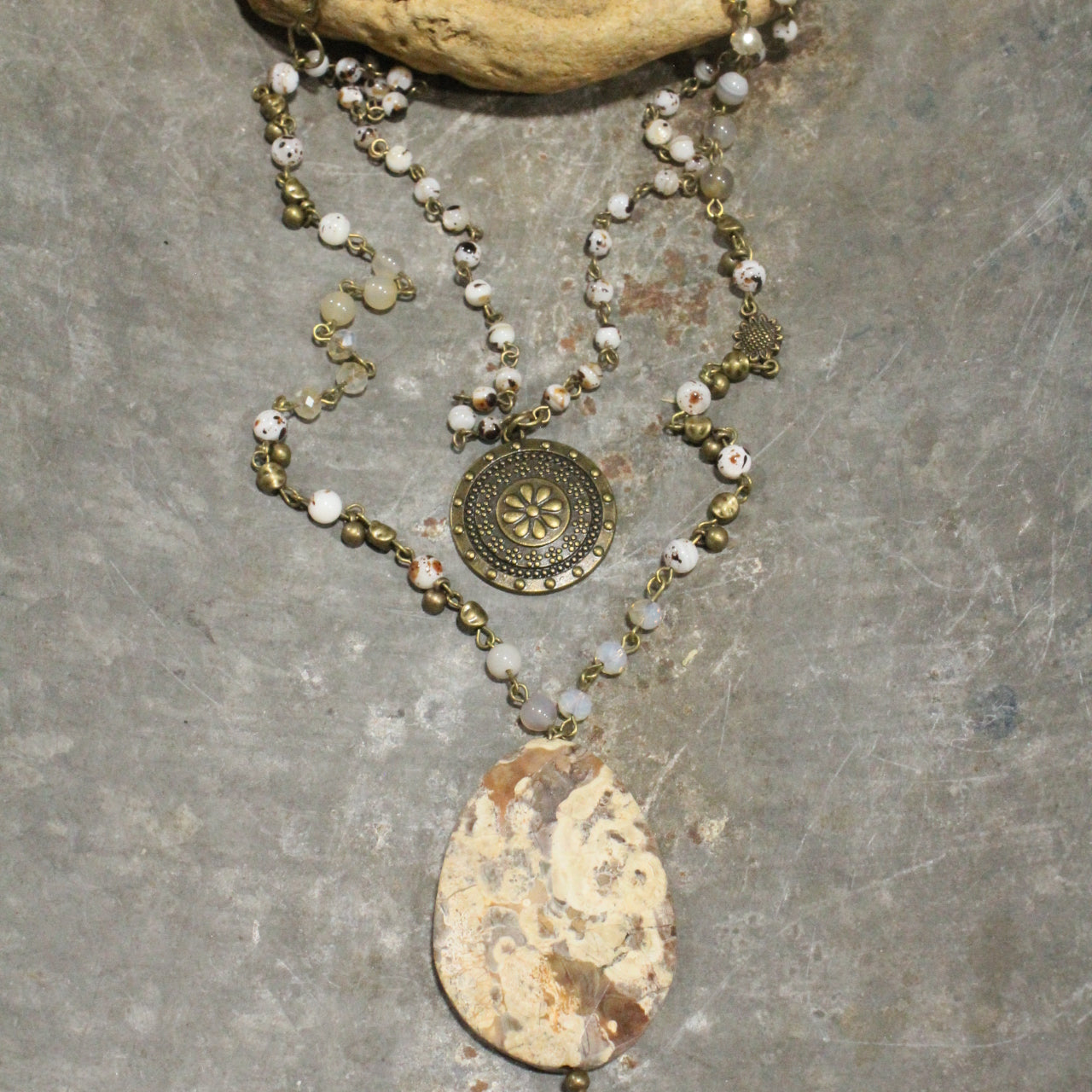 Stone & Crystal Link Chain With Stone Drop Pendant Necklace