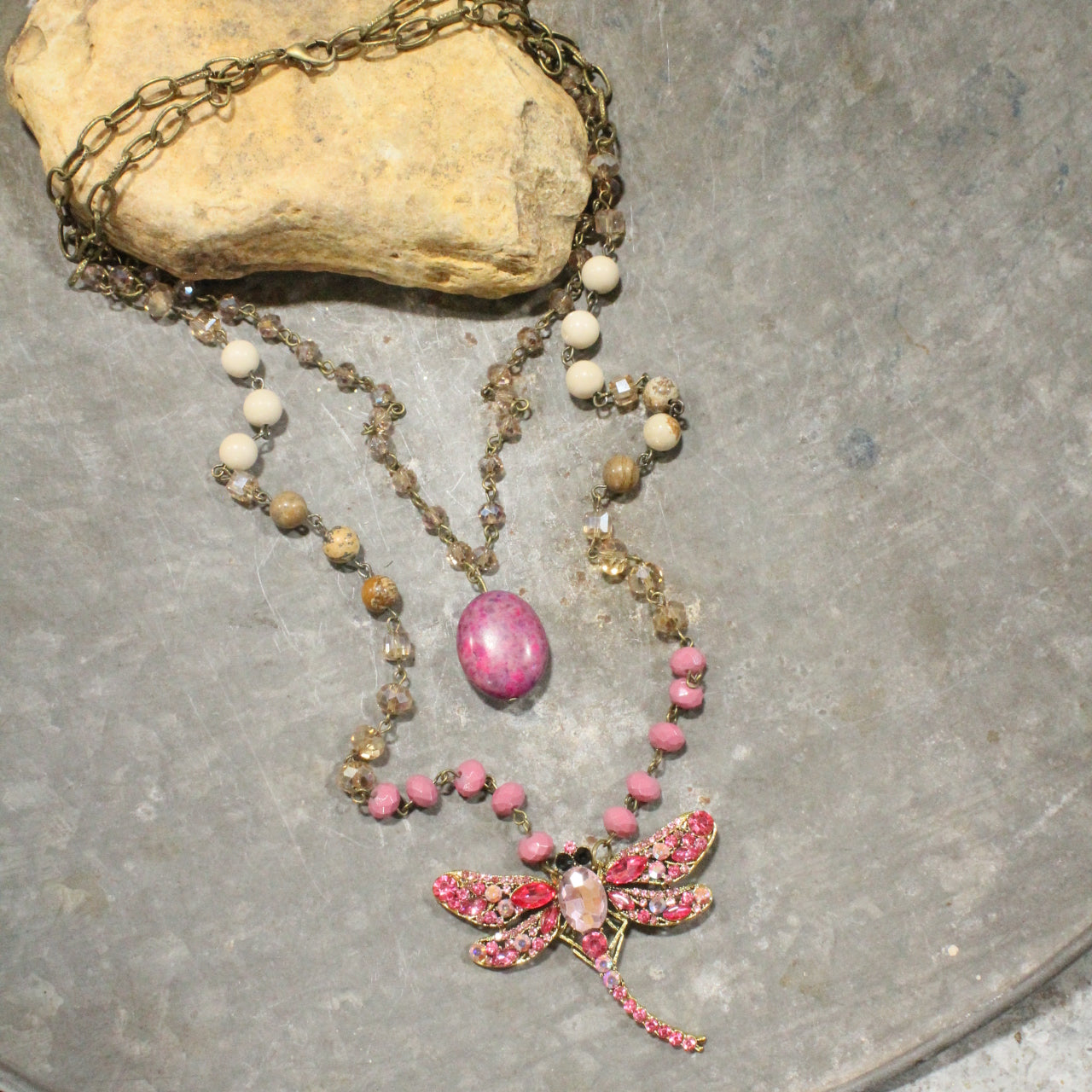 Silent Whispers Dragonfly Bling Shades Of Pink Layered Necklace