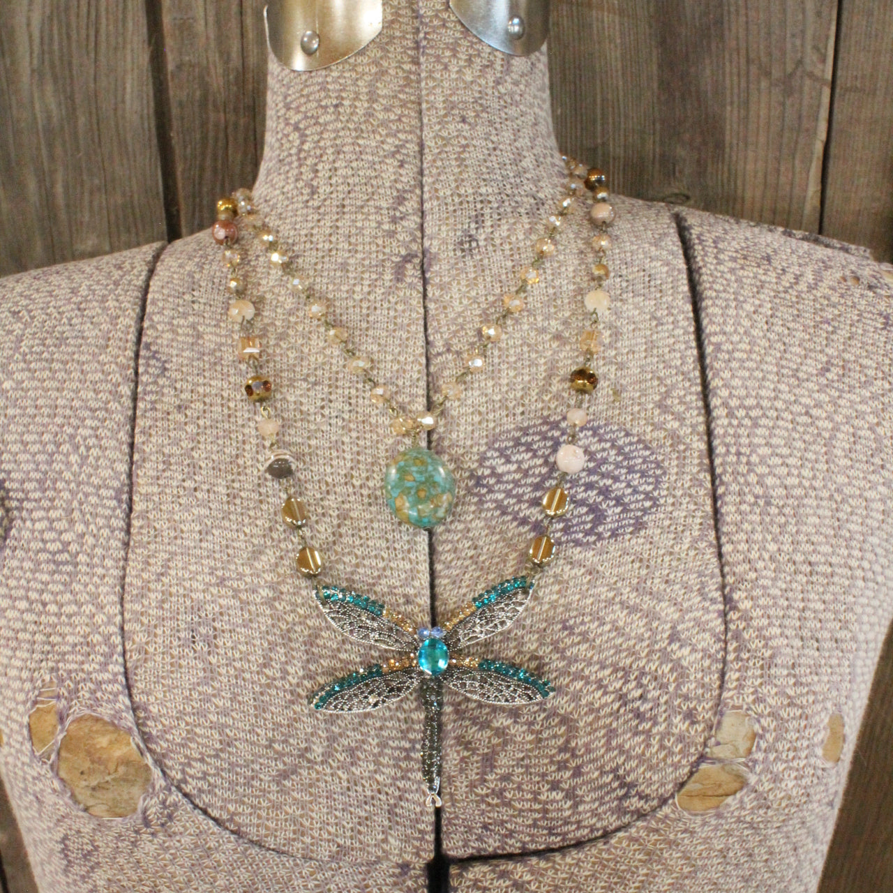 Silent Whispers Dragonfly Bling Shades Of Teal Layered Necklace