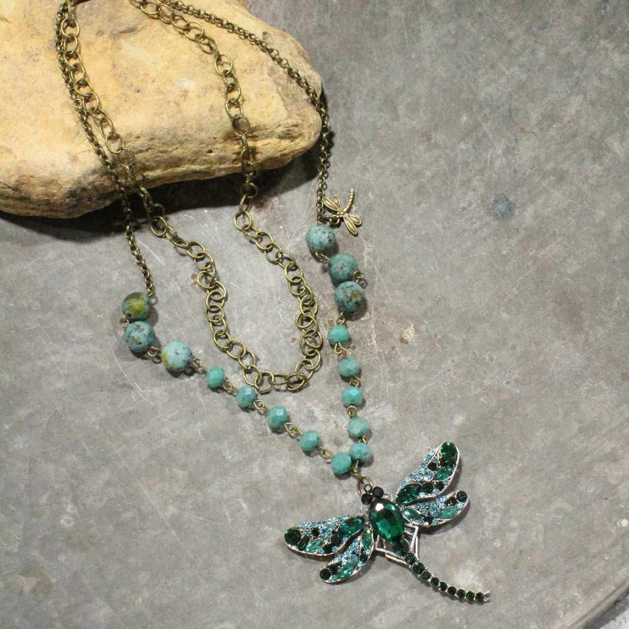 Silent Whispers Dragonfly Bling Shades Of Green Layered Necklace