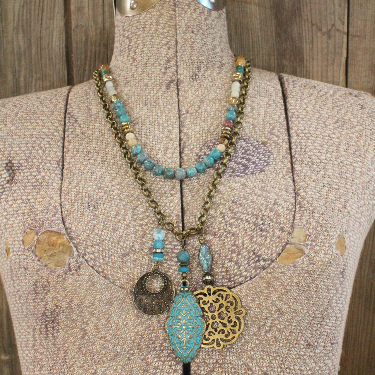 Vintage Love Teal Layered Pendant Necklace Set