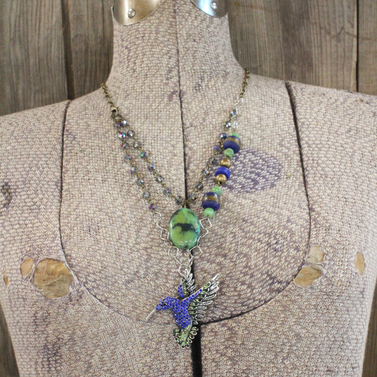 Zip & Zoom Hummingbird Bling Shades Of Blue & Green Layered Necklace