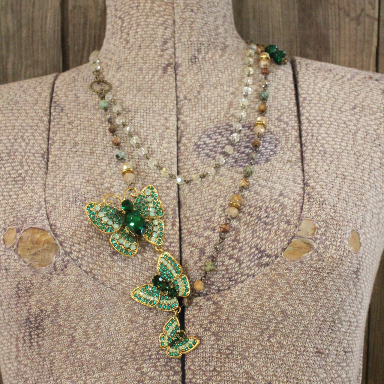 Trio Of Three Green Butterflies Layered Necklace