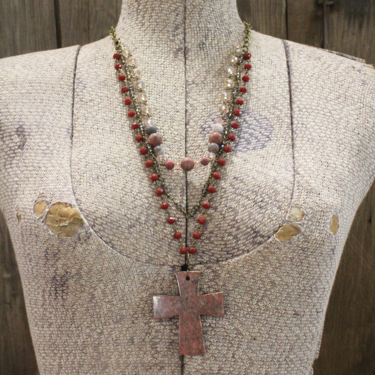 Vintage Rosary Chain Pendant Cross Layered Necklace Set
