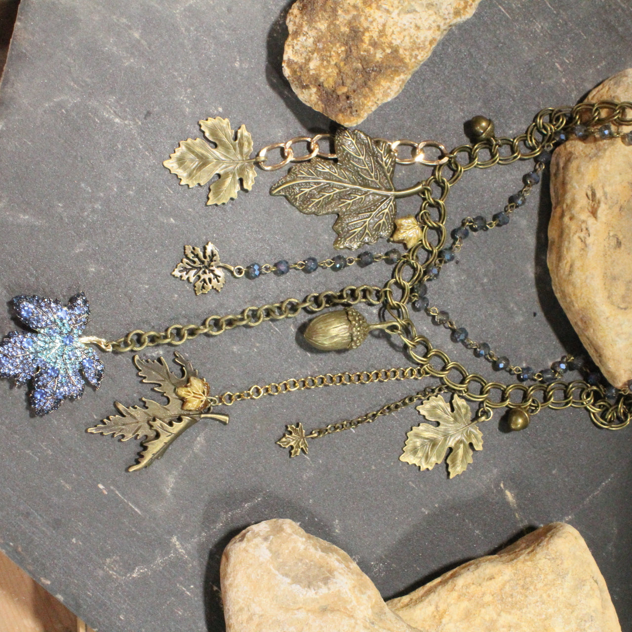 Crisp Blue Leaves Charm'd Necklace