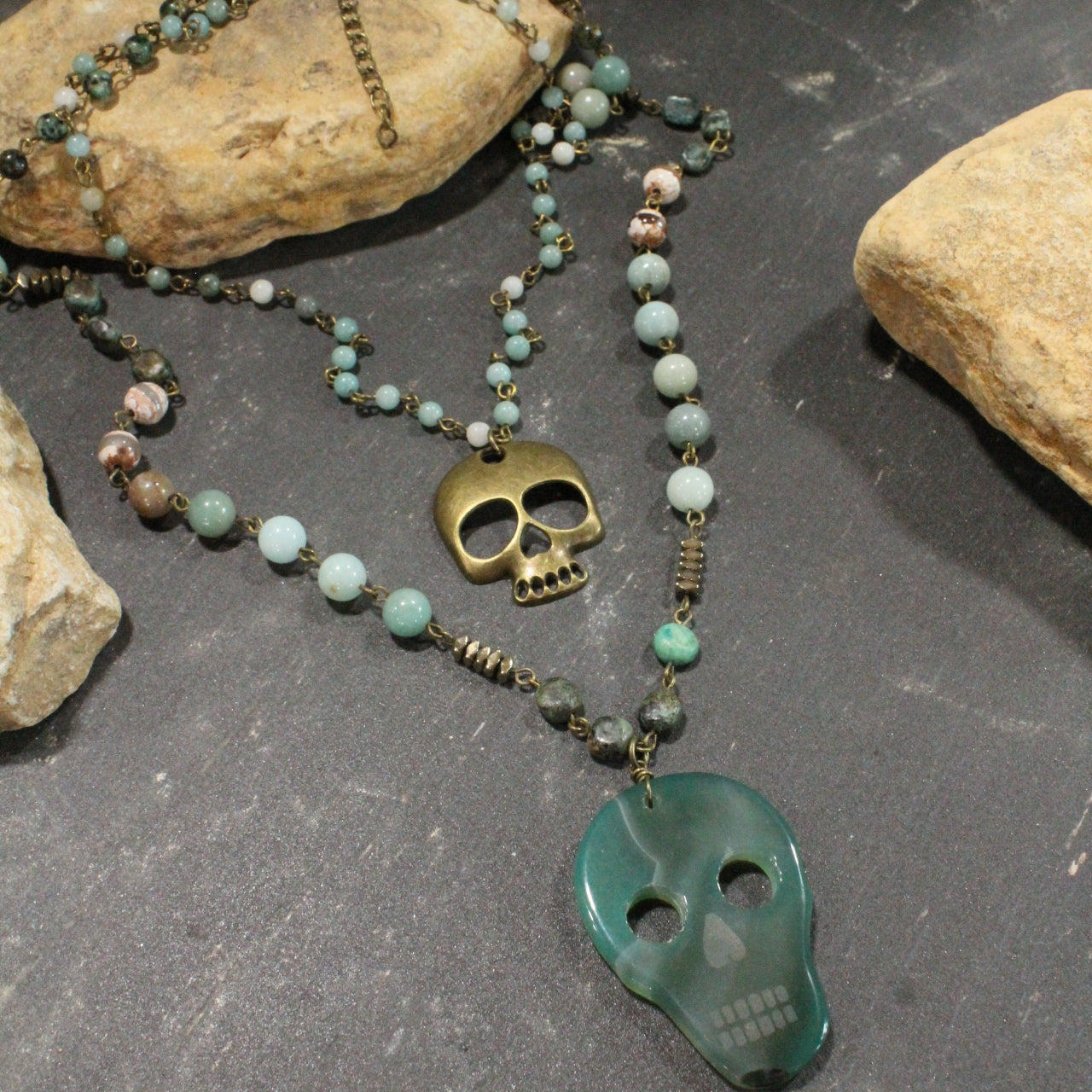 Sugar Skull Green Layered Necklace
