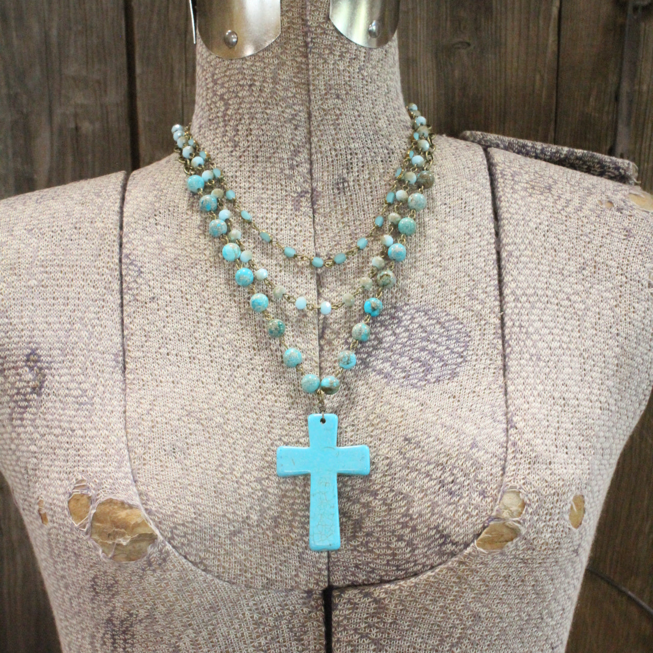 Bohemian Layered Turquoise Cross Necklace