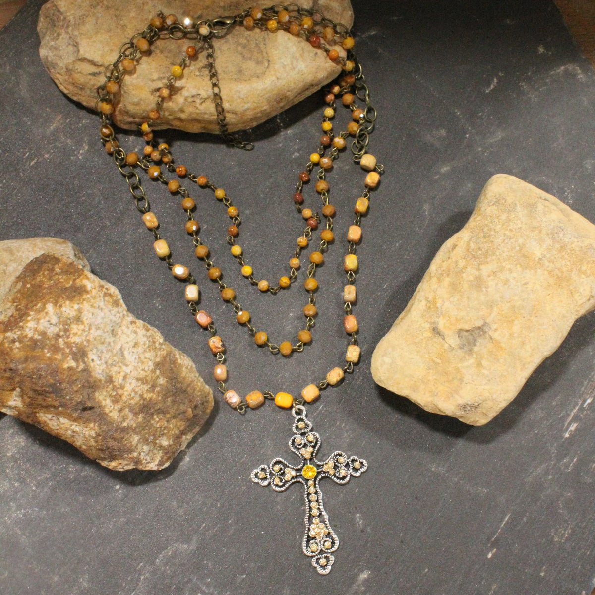 Bohemian Layered Mustard Cross Necklace