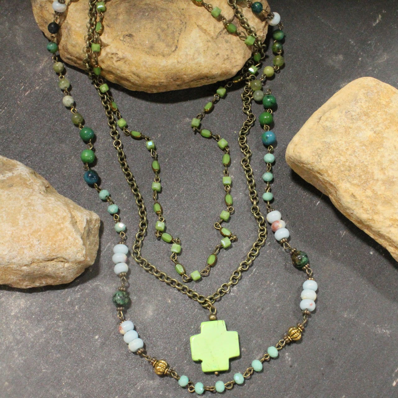 Bohemian Layered Green Stone Cross Necklace