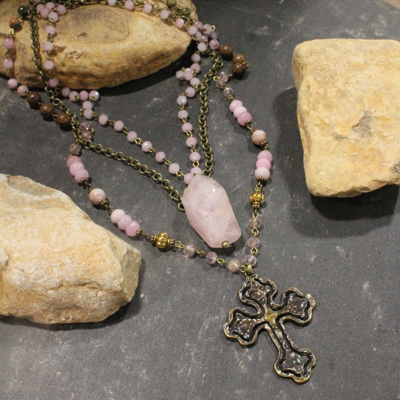 Bohemian Layered Powder Pink Cross & Stone Drop Necklace