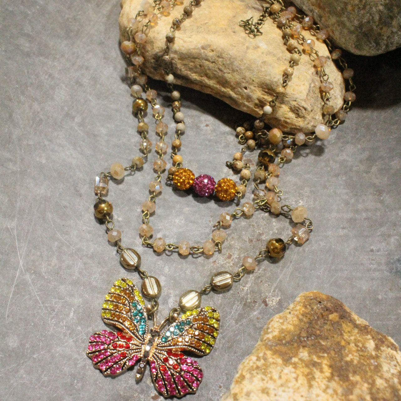 Spread Your Wings Raspberry Butterfly Layered Necklace