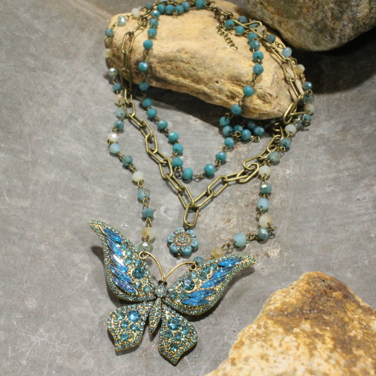 Just Dance Ice Blue Butterfly Layered Necklace