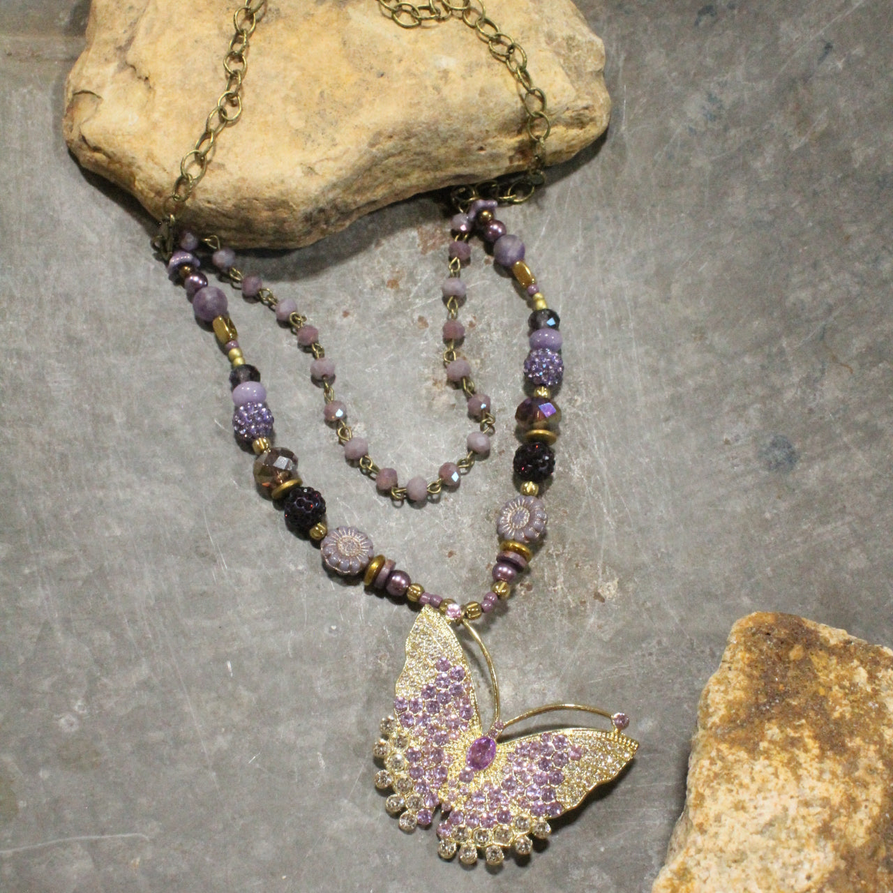 Floating Purple Butterfly Layered Necklace