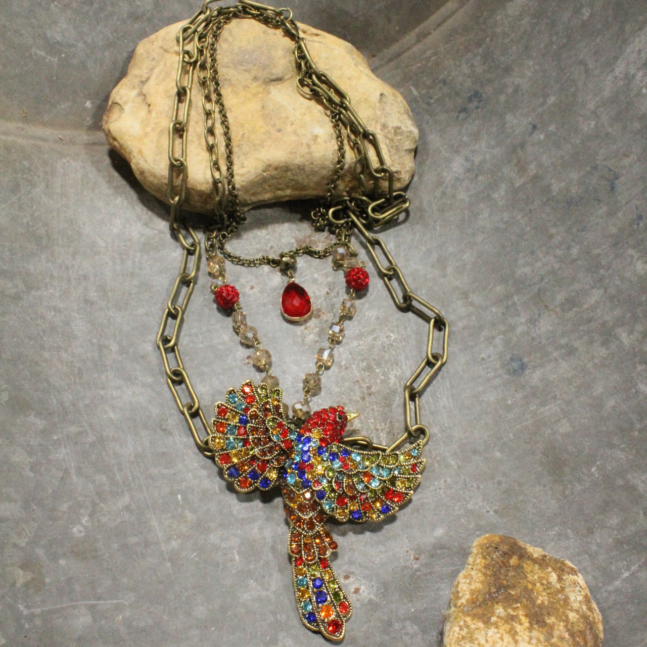 Gracefully Soaring Red Bird Layered Necklace