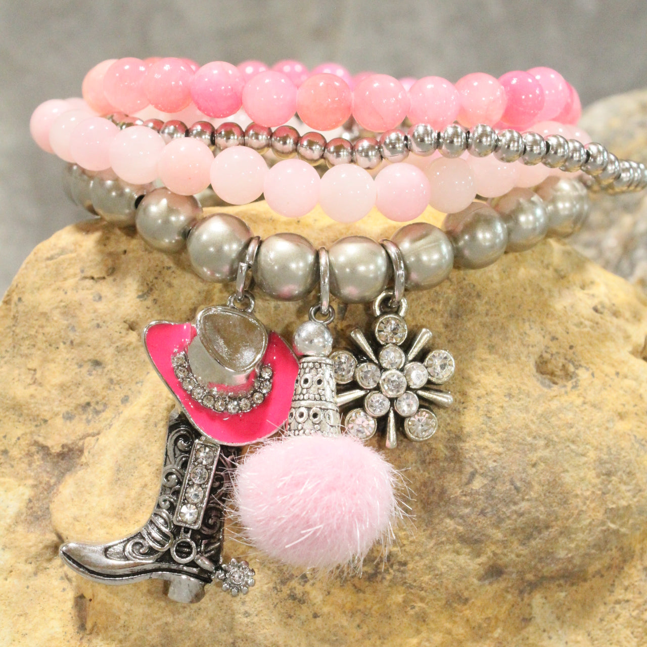 Hats Off/Boots On Pink Stretch Bracelet Set
