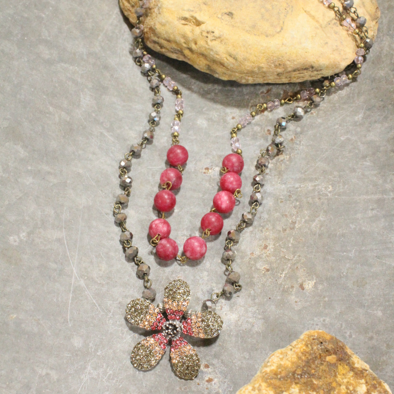 Raspberry Blooming Flower Layered Pendant Necklace