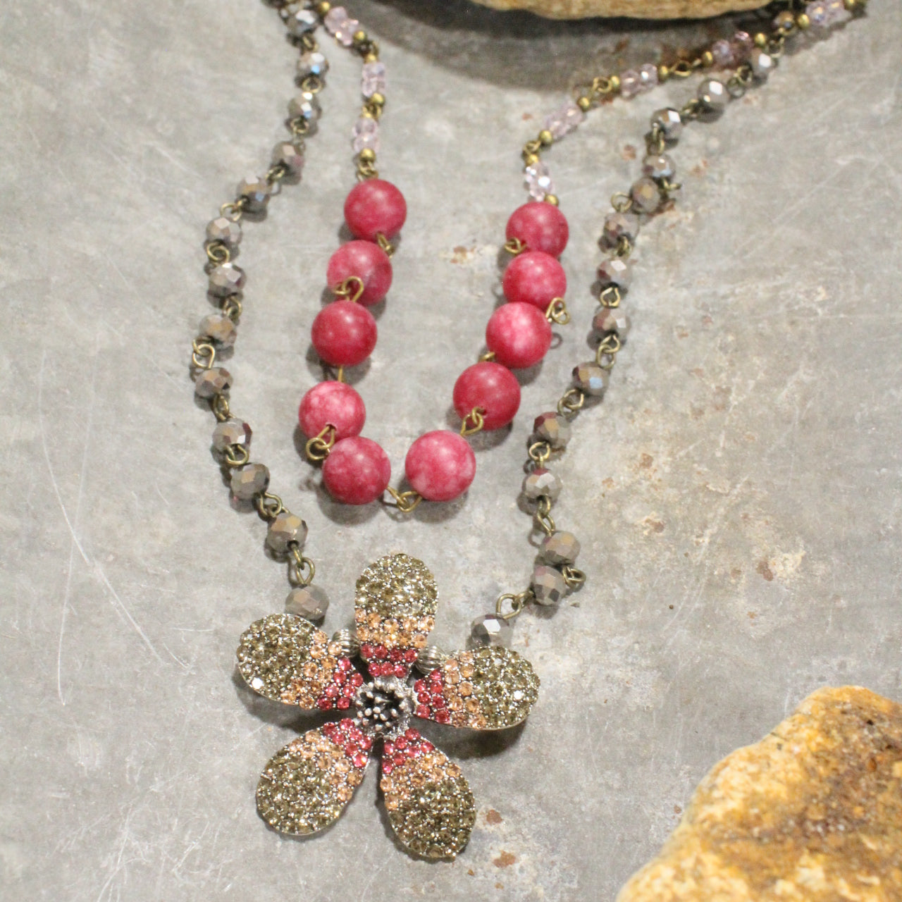 Raspberry Blooming Flower Layered Pendant Necklace