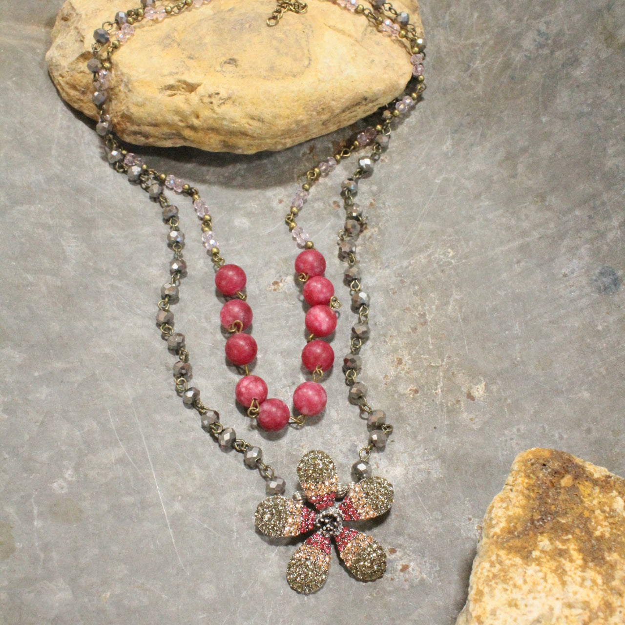 Raspberry Blooming Flower Layered Pendant Necklace