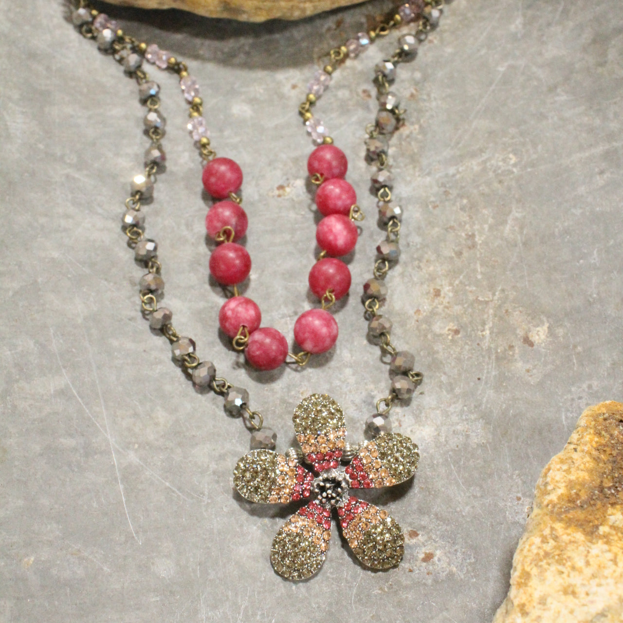 Raspberry Blooming Flower Layered Pendant Necklace