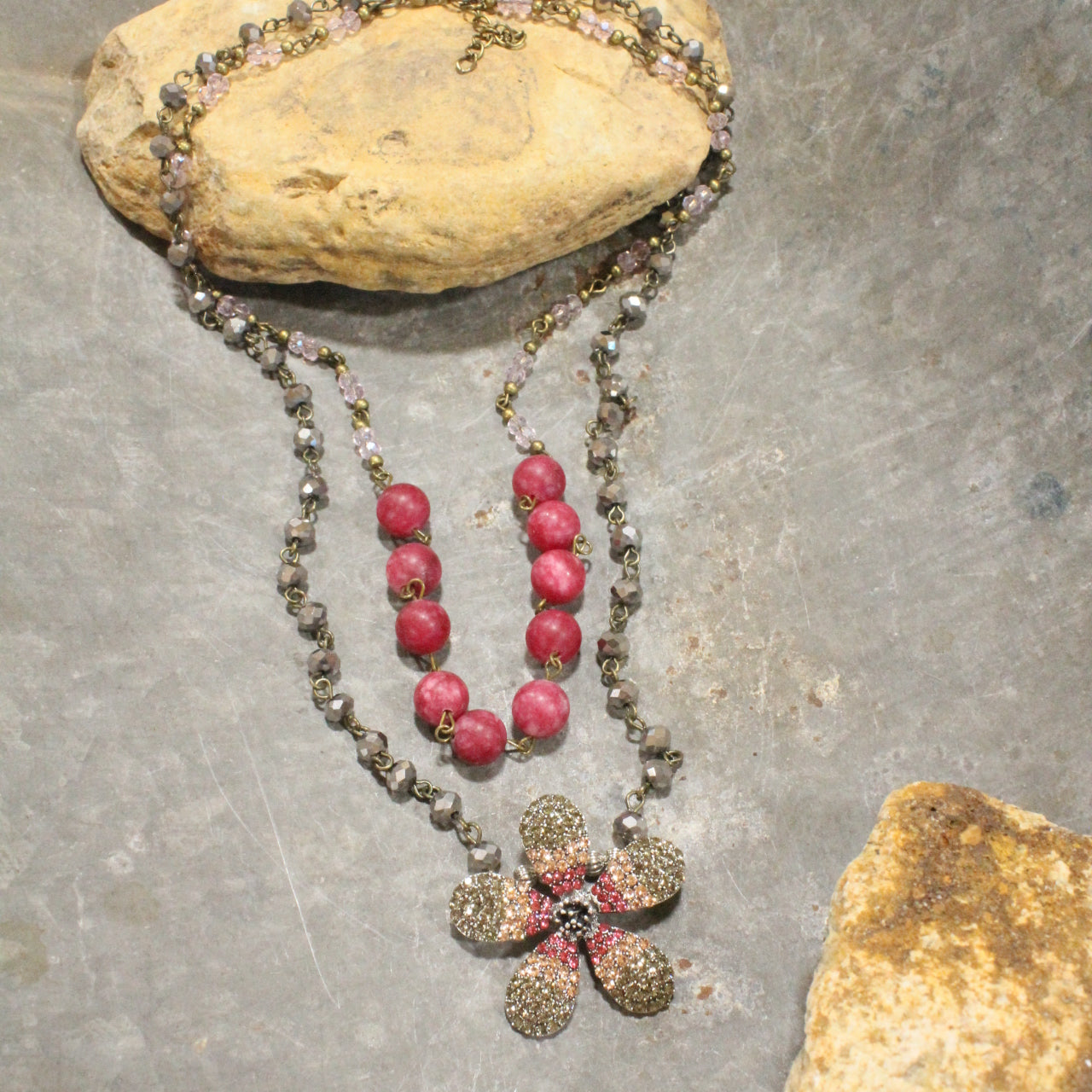 Raspberry Blooming Flower Layered Pendant Necklace
