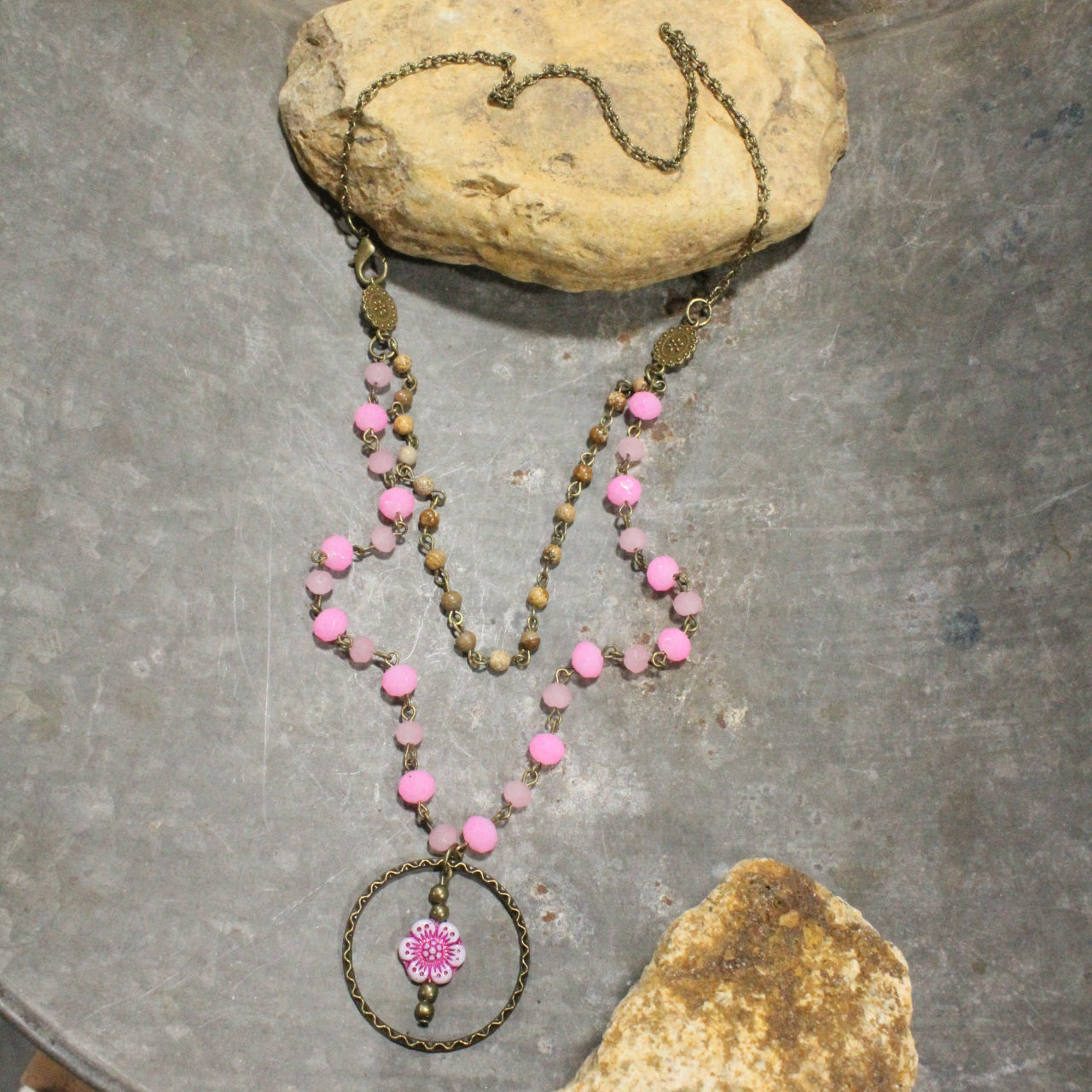 Picasso Wildflower Glass Bead Candy Pink Necklace