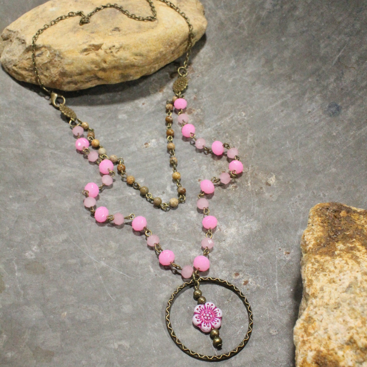 Picasso Wildflower Glass Bead Candy Pink Necklace