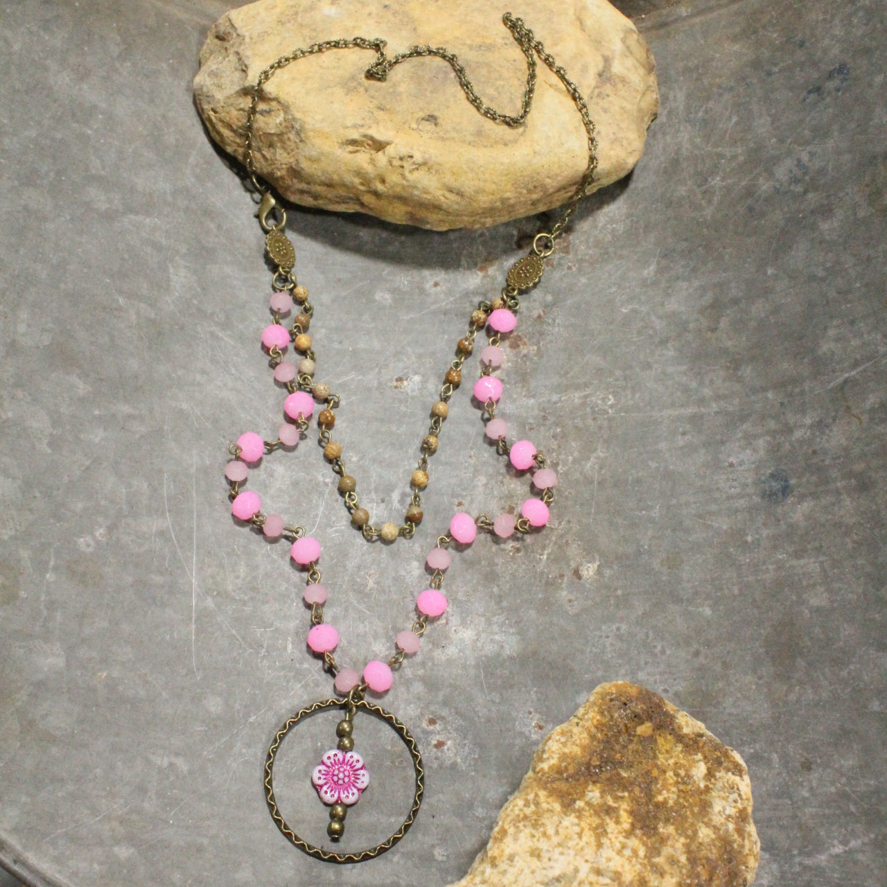 Picasso Wildflower Glass Bead Candy Pink Necklace