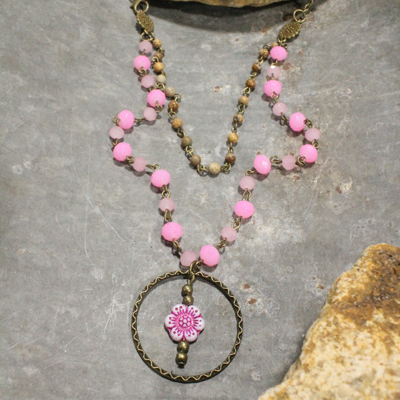Picasso Wildflower Glass Bead Candy Pink Necklace