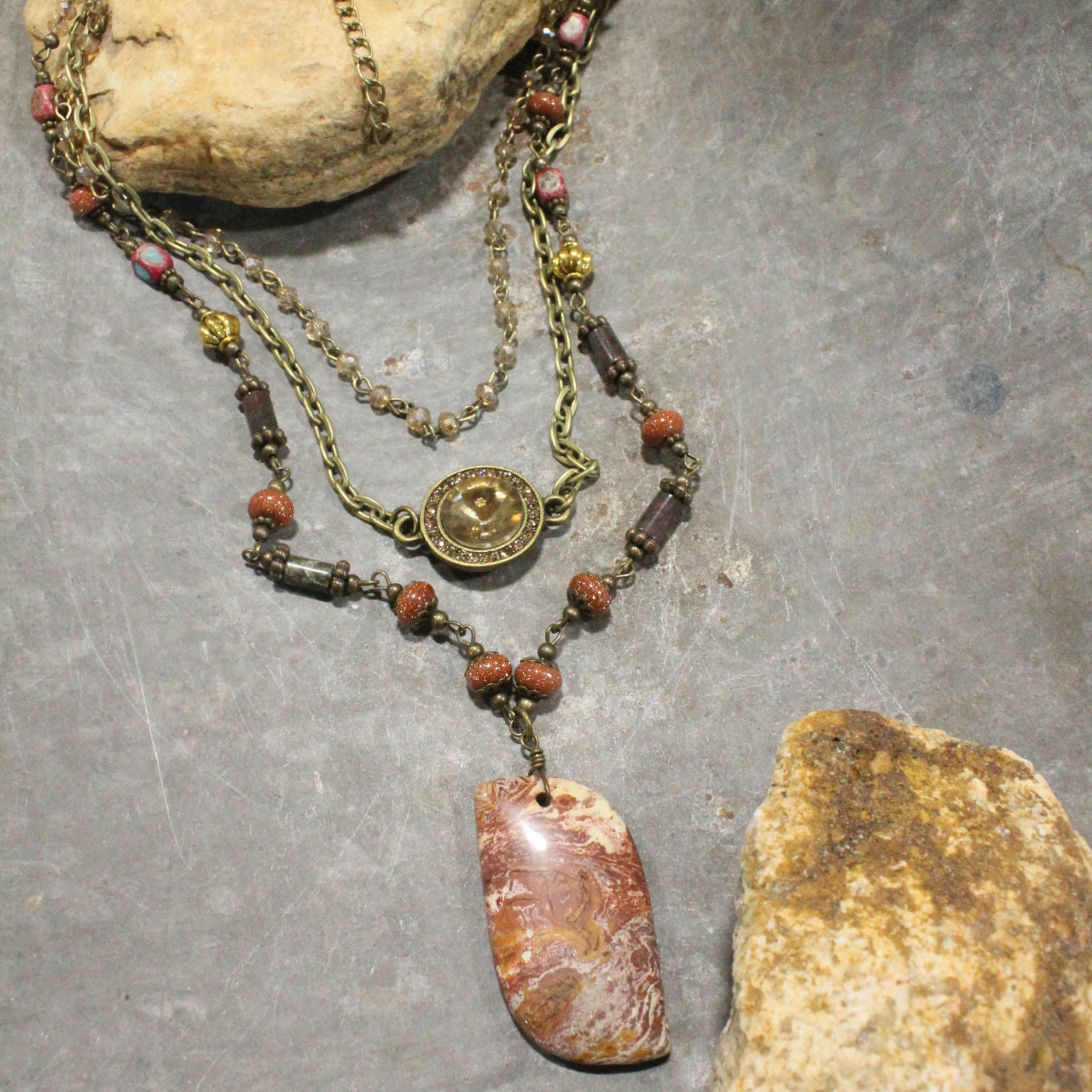 Charming Bohemian Rusty Stone Layered Necklace