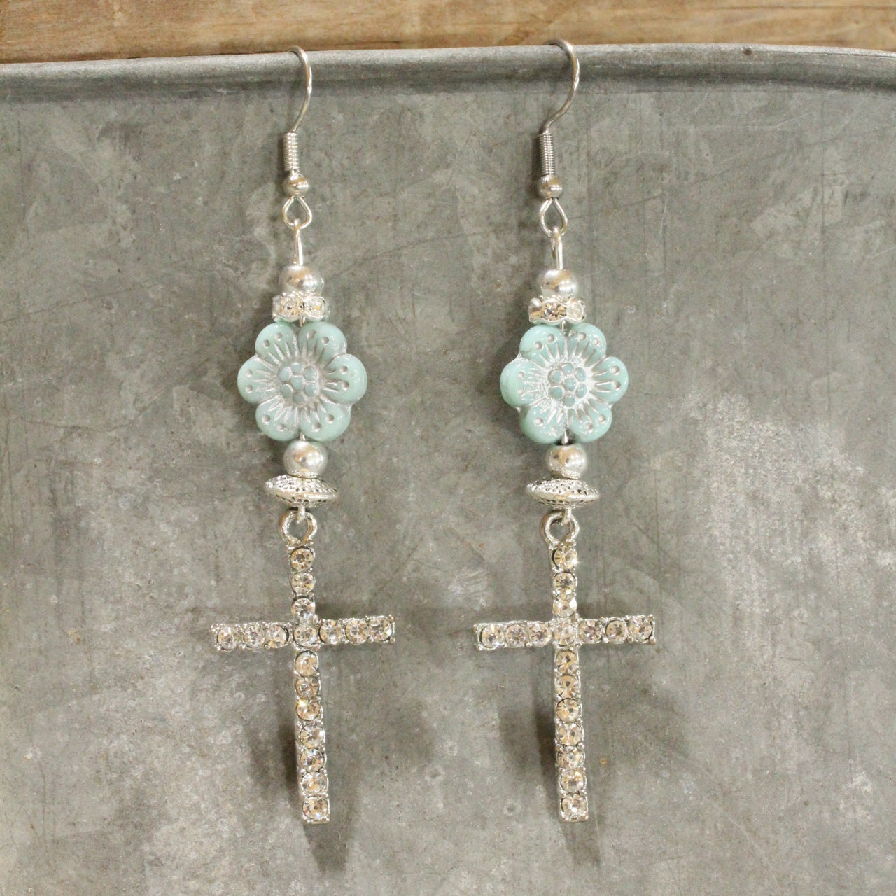 Powder Blue Flower & Cross Dangle Earrings