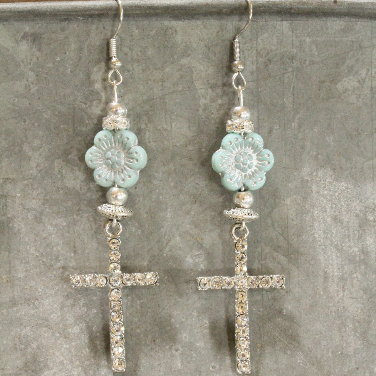 Powder Blue Flower & Cross Dangle Earrings