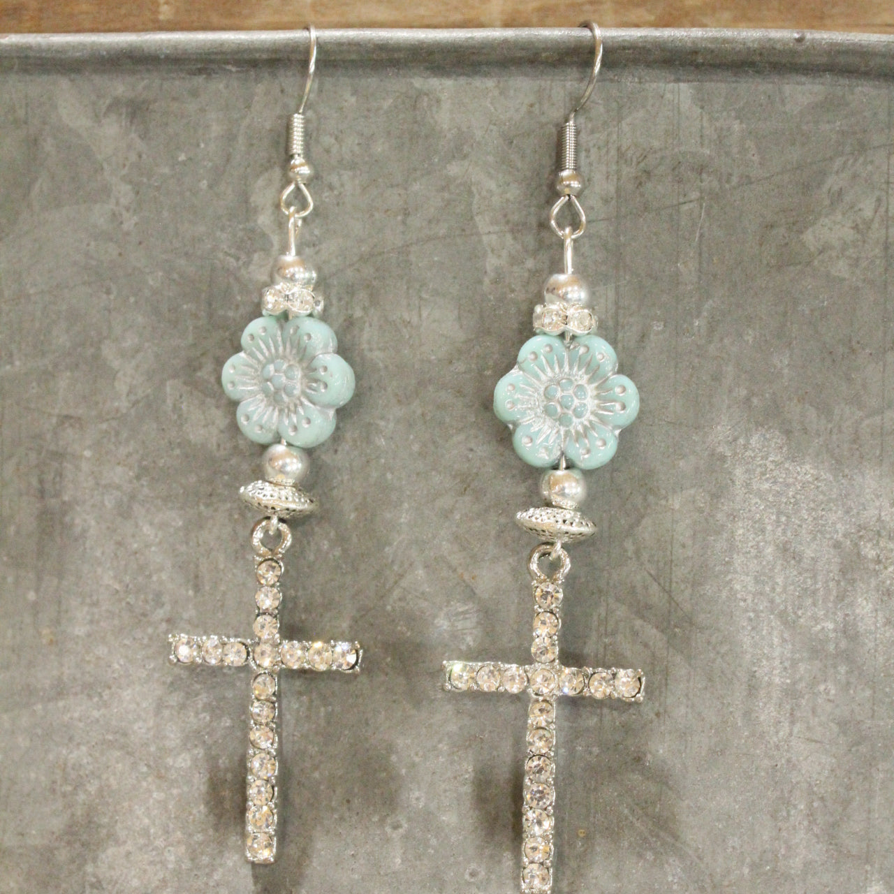 Powder Blue Flower & Cross Dangle Earrings