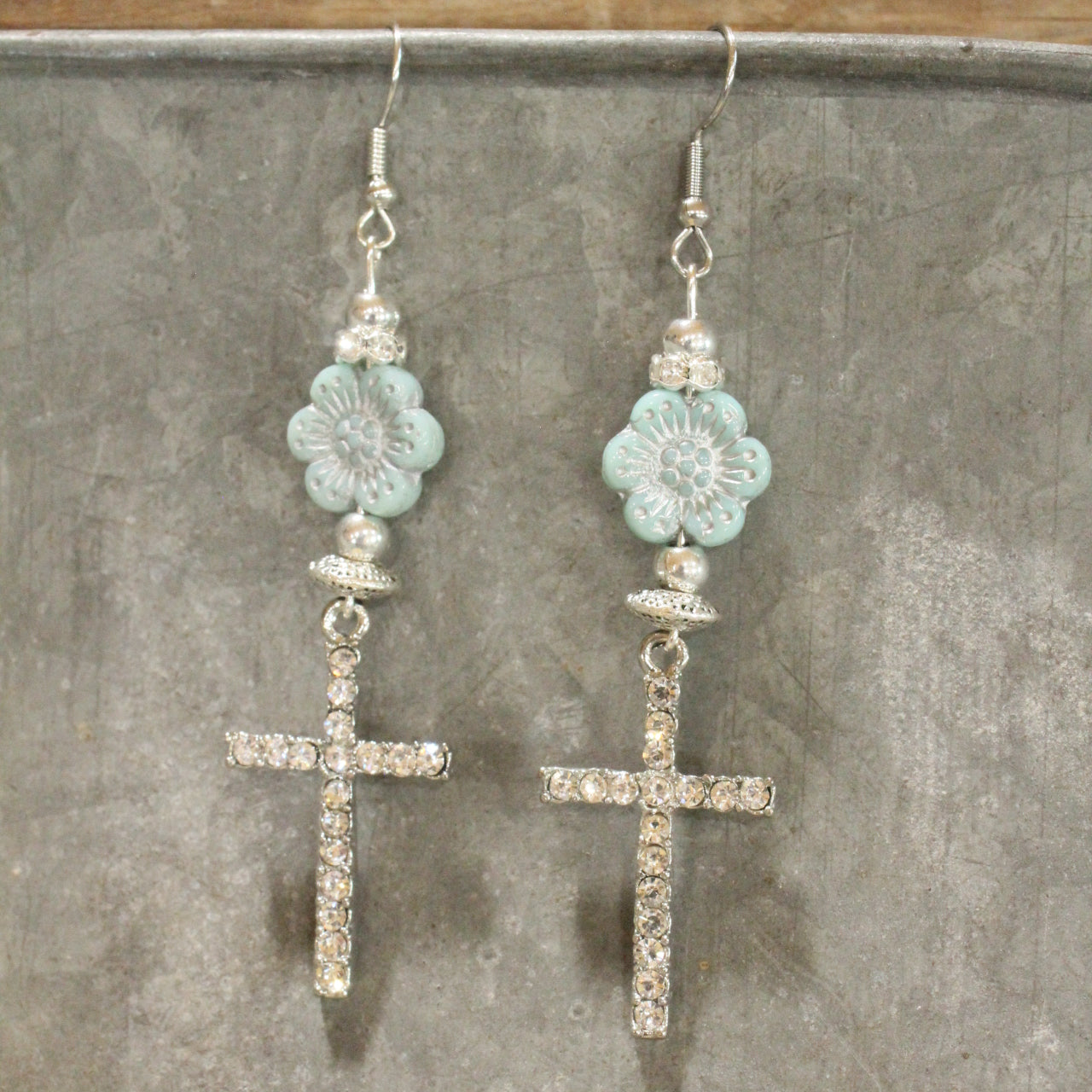 Powder Blue Flower & Cross Dangle Earrings