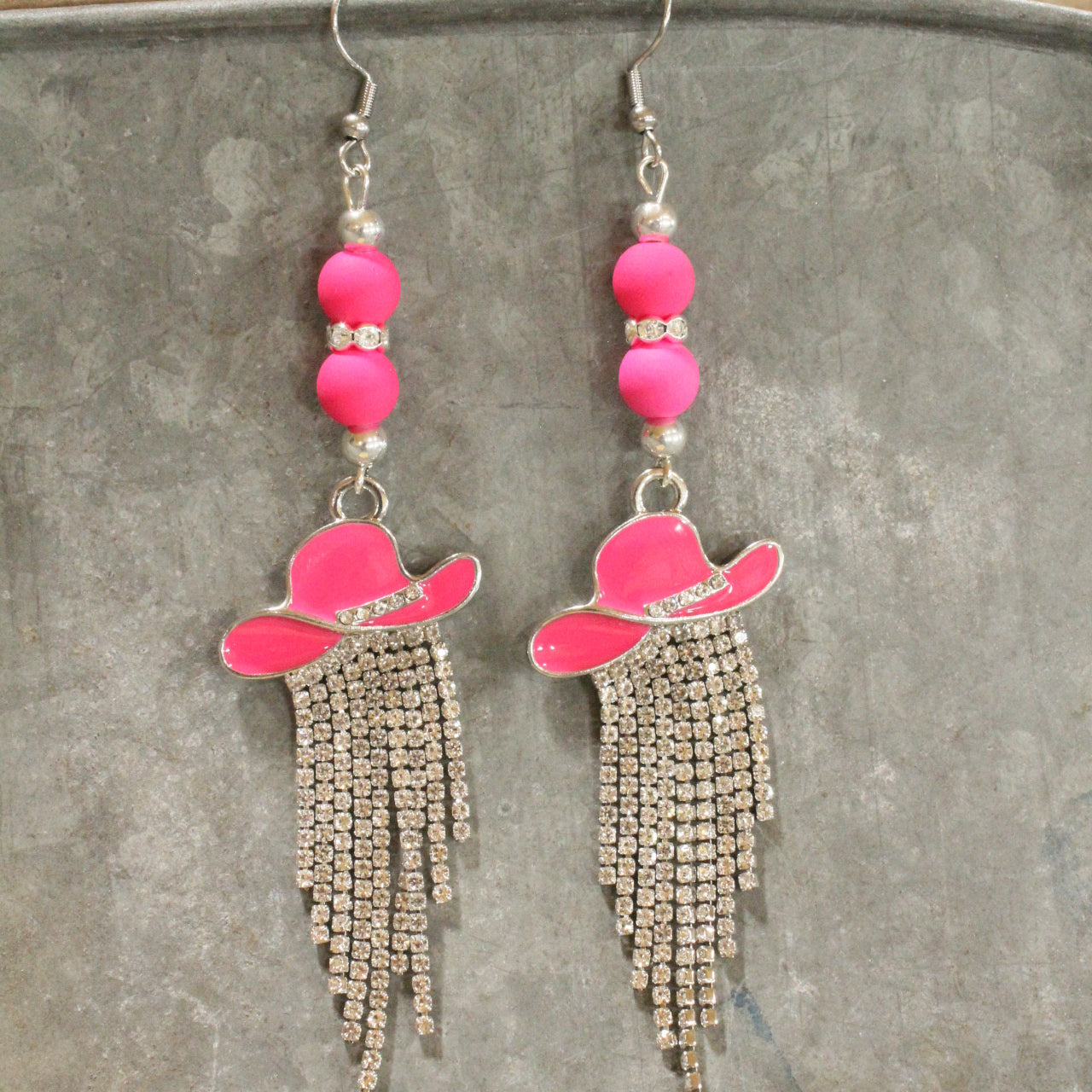Hang My Hat Pink Bling Dangle Earrings