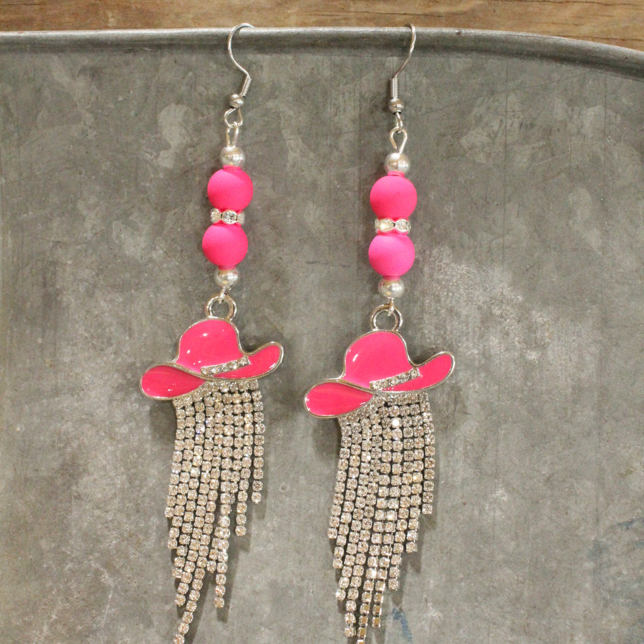 Hang My Hat Pink Bling Dangle Earrings