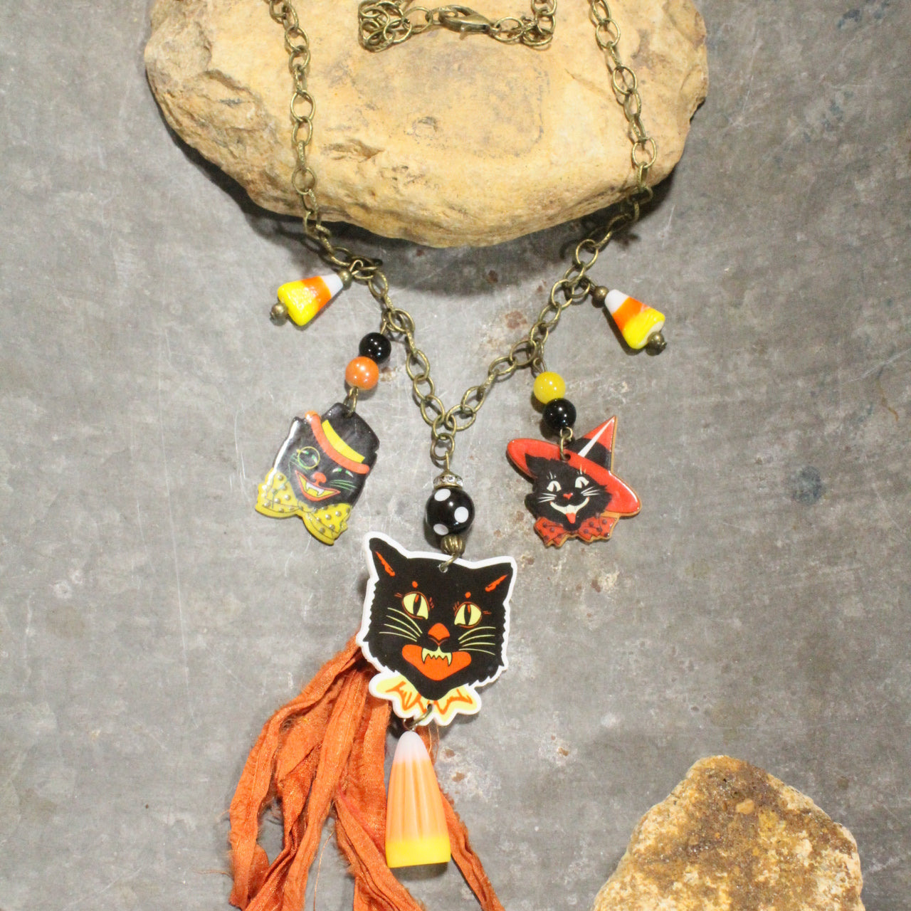 Black Cat & Candy Corn Charm'd Bronze Necklace