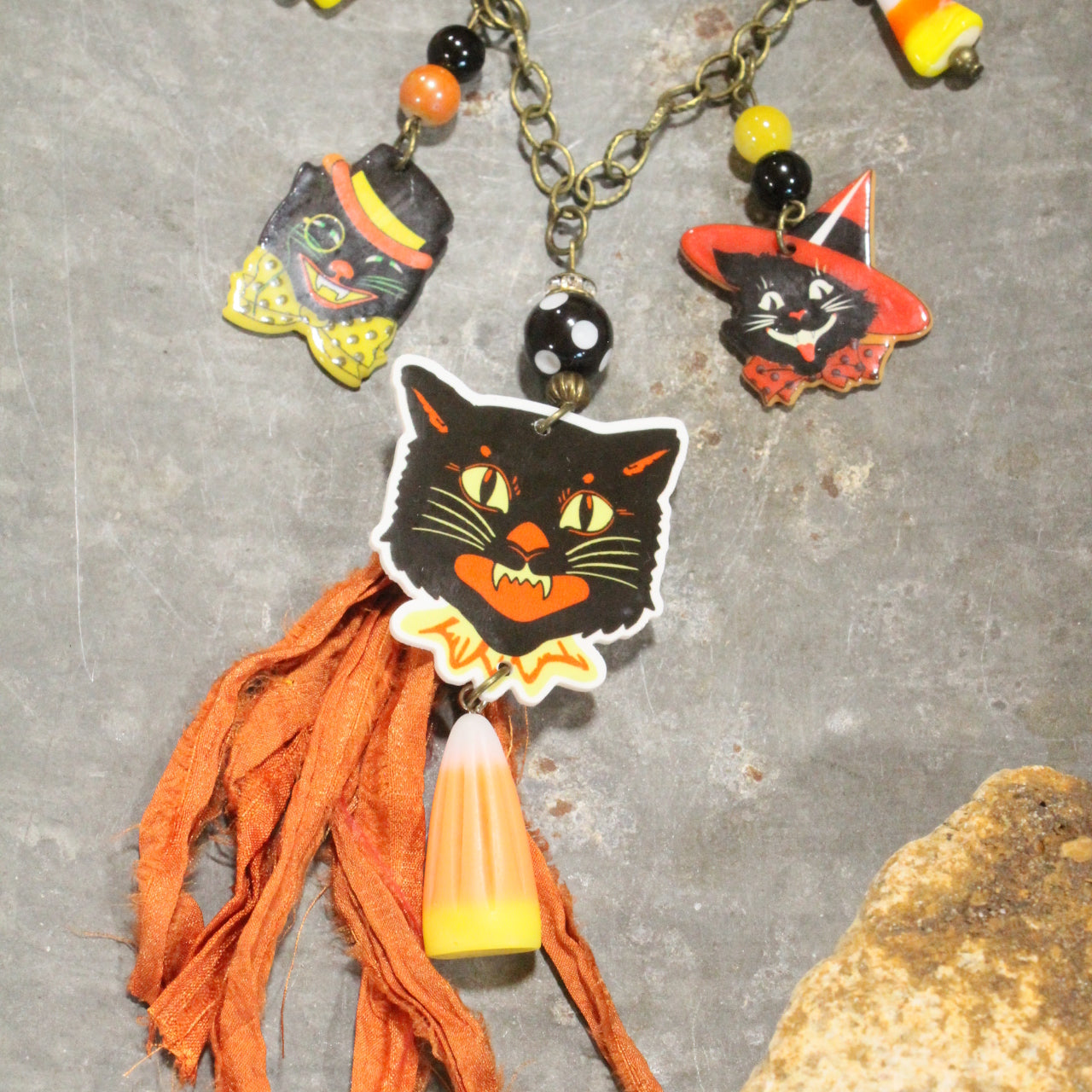 Black Cat & Candy Corn Charm'd Bronze Necklace