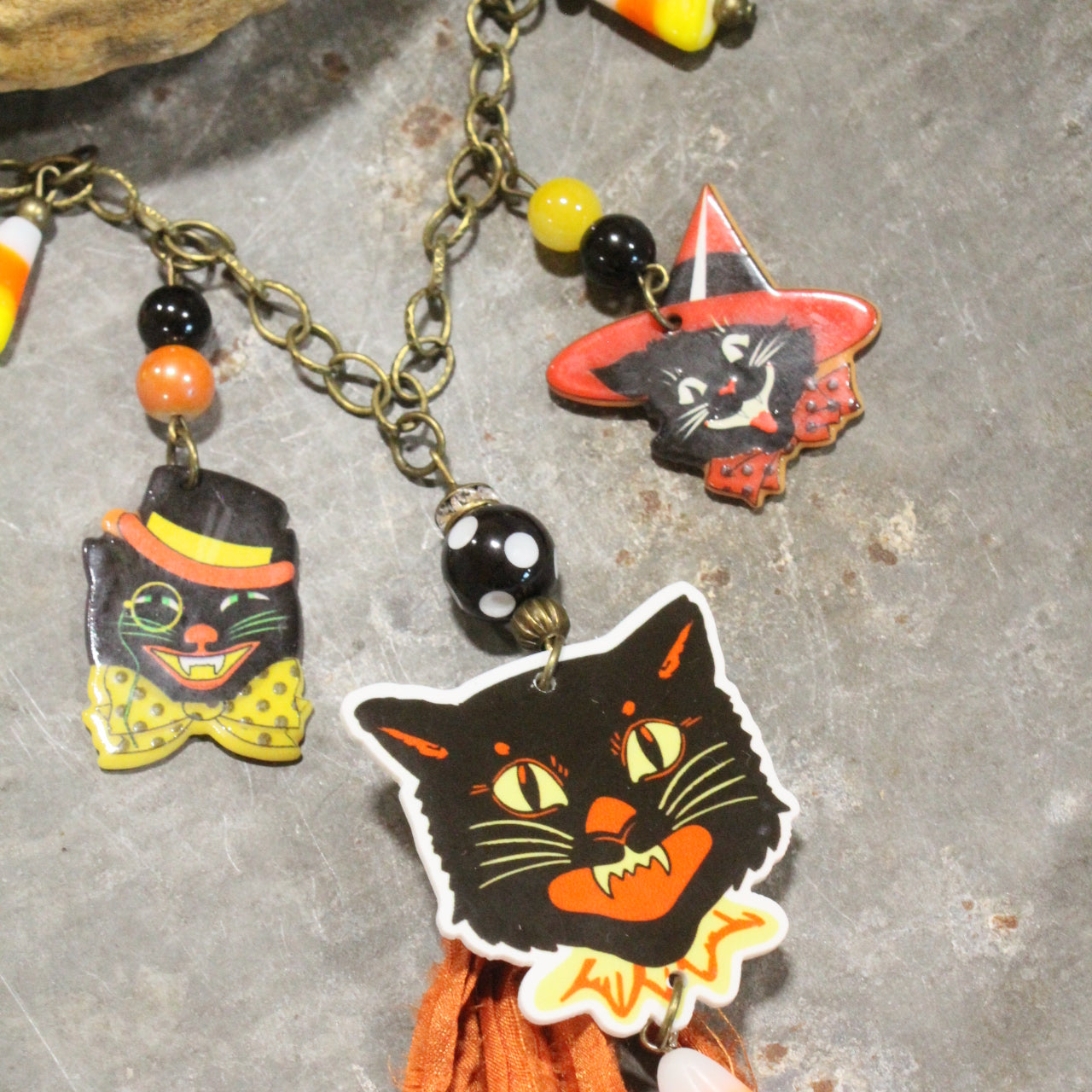 Black Cat & Candy Corn Charm'd Bronze Necklace